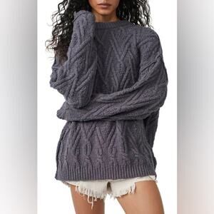 Free People Isla Cable Stitch Tunic Chunky Knit Sweater Gray Size Medium cozy